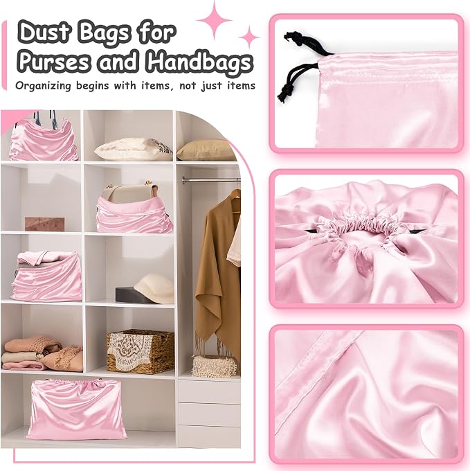 RUDONG M Satin Dust Bags for Handbag, Pink, 4 Pack | Silky, Drawstring, For Storage, Travel Pouch, For Clothes Shoes