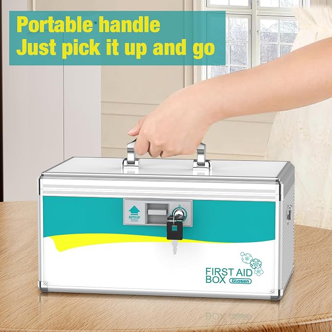 Glosen Medicine Lock Box,locking medicine box, Security Lock Boxes【Extra Large 16inch 16 x 9.25 x 7.5 Inch with removable storage pocket】 lock box, First Aid Key Safe Box for Medication