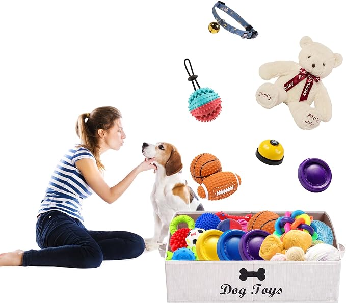 Linen-Cotton Blend Dog Toy Basket,Collapsible Dog Toy Box,Dog Toy Bin Storage-Perfect for Organizing Pet Toys,Blankets,Leashes,Rope Toys,Clothing - Beige