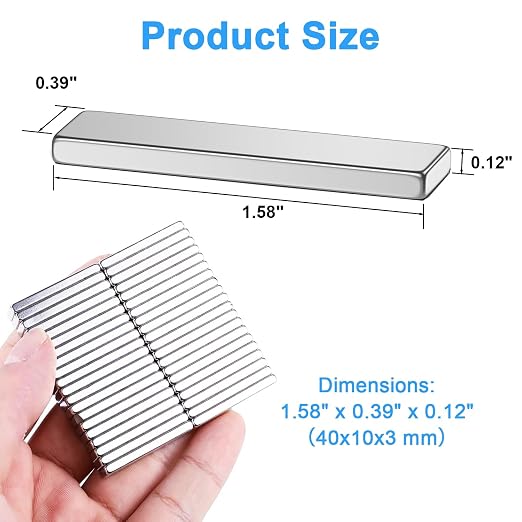 20 Pack 40x10x3 mm Rare Earth Neodymium Magnets | Powerful Small Strong Metal Rectangular Bar Magnetic Strip Magnet for Fridge Garage Kitchen Science Craft Office, Silver