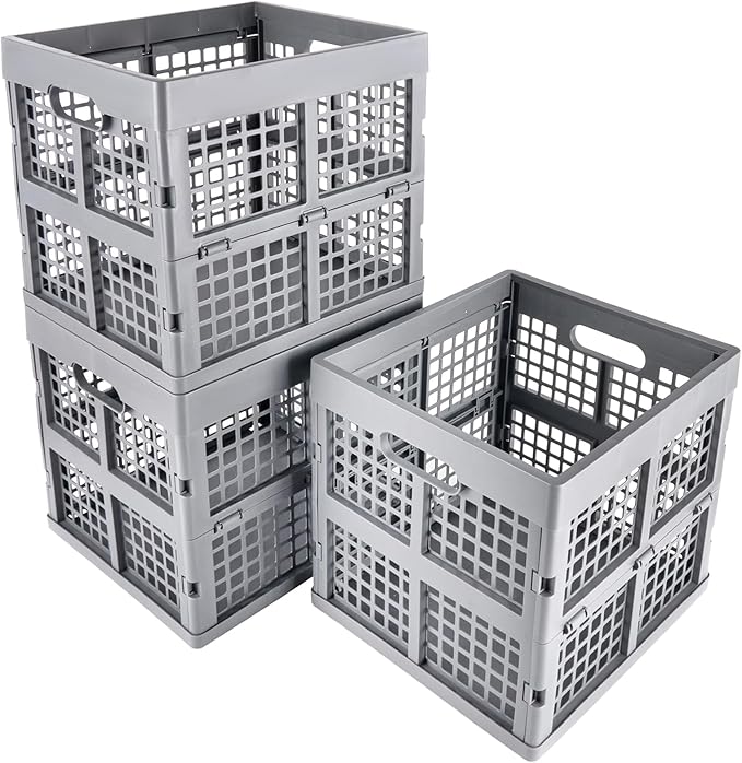Eslite 3-Pack Collapsible Plastic Storage Crates,Foldable Crates for Storage,16L (Grey)