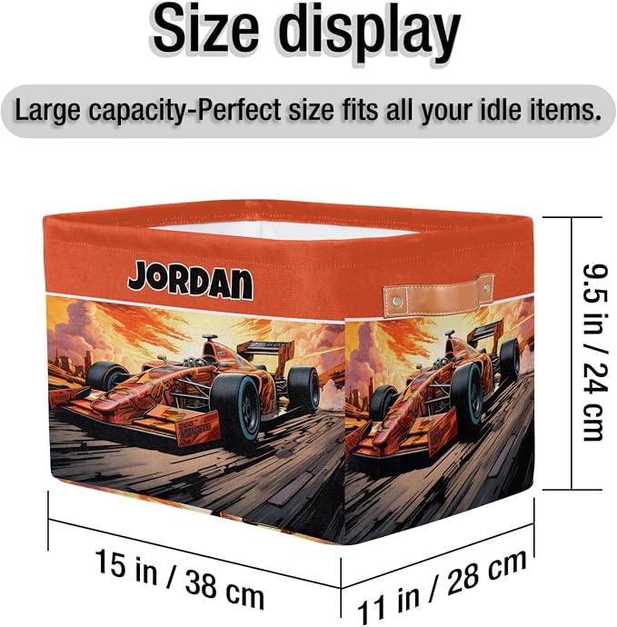 Custom Storage Baskets Named, Personalized Storage Bin Basket Boxes PU Leather Handles for Clothes Bedroom Closet Organizing Toys Books Shelves, Racing Car Background