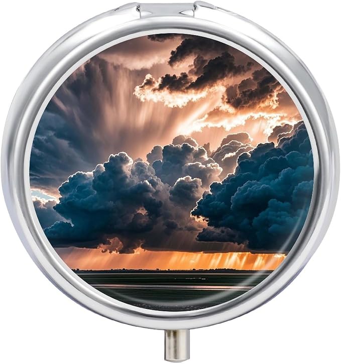 3 Compartment Medicine Pill Case, Magnificent Rainstorm Cloud Round Pill Box, Portable Decorative Medicine Organizer for Pocket Or Purse Vitamin Organize