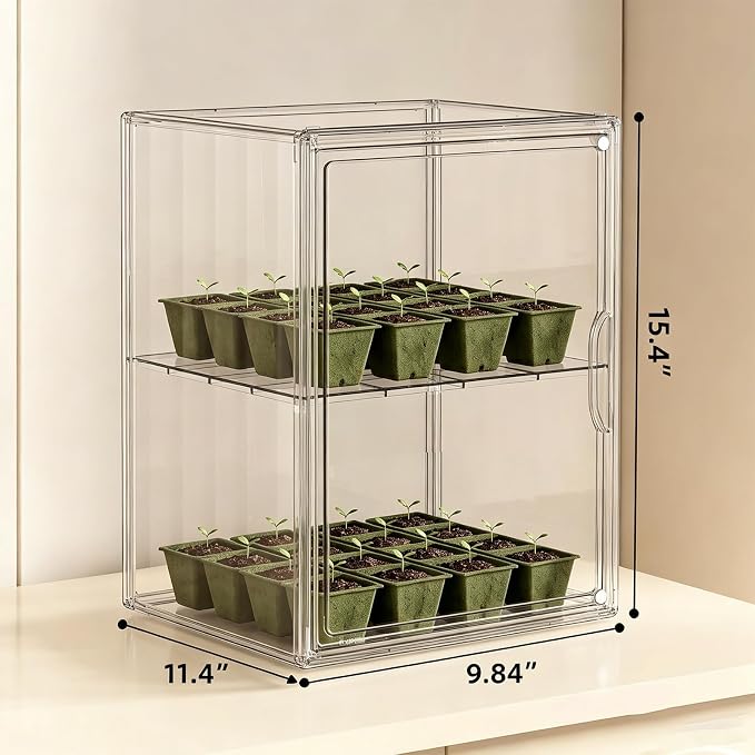 HOYOJA Clear Acrylic Display Case, Super Large Stackable Storage Bins, Acrylic Box with Compartment Divider Clear Mini Greenhouse for Indoor, Small Green House with Magenetic Door