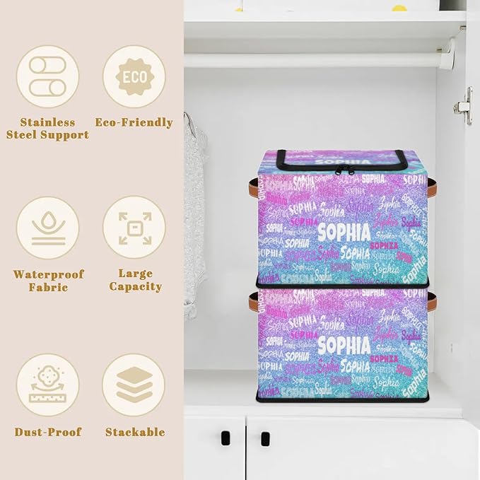 Custom Name Storage Bin with Lid Zipper, Personalized Rectangular Storage Basket with Handles for Organizing Boys Girls Toys Office Closet Shelf Baskets, Gradient Purple Blue Glitters Print