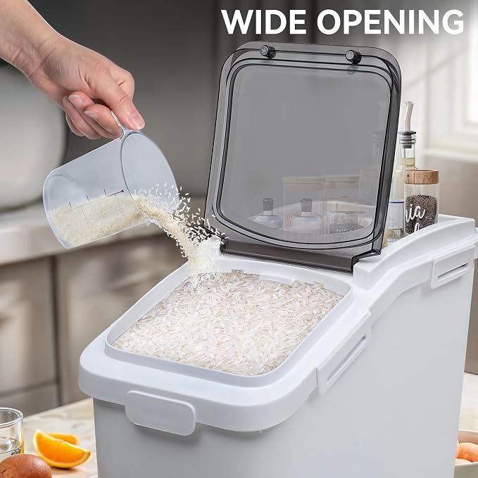 YITAHOME 65L/117lbs Rice Storage Bins, 11.4+5.8 Gal Rice Flour Storage Container with Measuring Cup,BPA Free,Scoop and Wheels for Kitchen| Flour| Pet Food| Grain,2 Counts,White & Black Lid