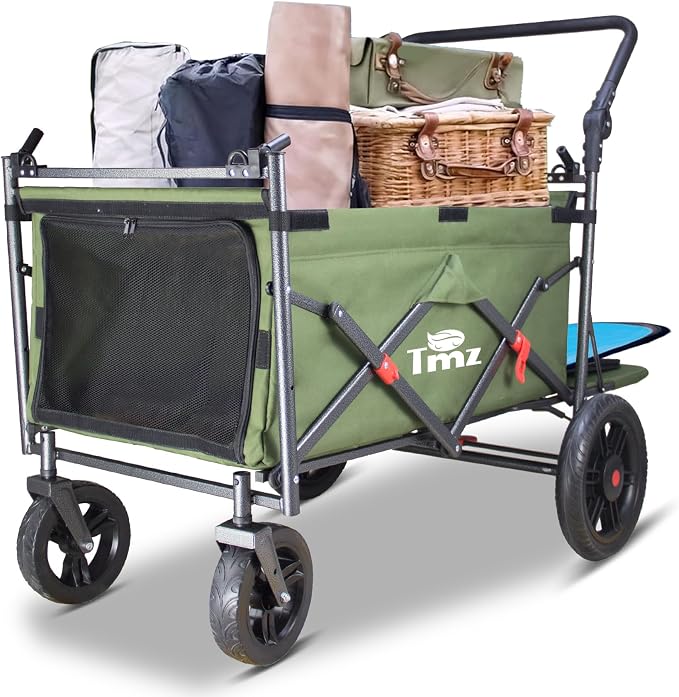 TMZ Collapsible Wagon Cart, Folding Utility Wagon with Breathable Fabric, Canopy, Expandable Storage, Adjustable Handle, Brake, Heavy Duty Cart for Walking & Camping (Green)
