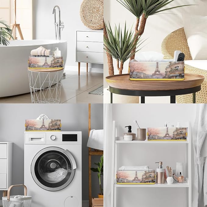 Paris Tower Architecture Bathroom Storage Basket, Foldable with Handle Open Countertop Paper Towel Decorative Box, Toilet Tank Top Shelf Baskets for Home Closet Bedroom Living Room Office