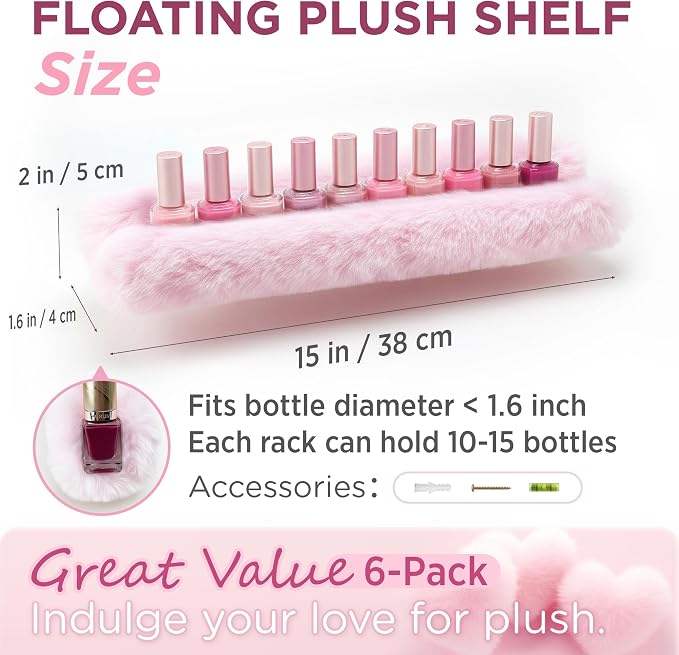 Nail Polish Wall Shelf - 15-Inch Furry Plush Display & Organizer Rack, Holds 60+ Polishes, Soft Ledge for Bedroom, Bathroom, Salon - Protects Bottles from Scratches，6 Pack Pink