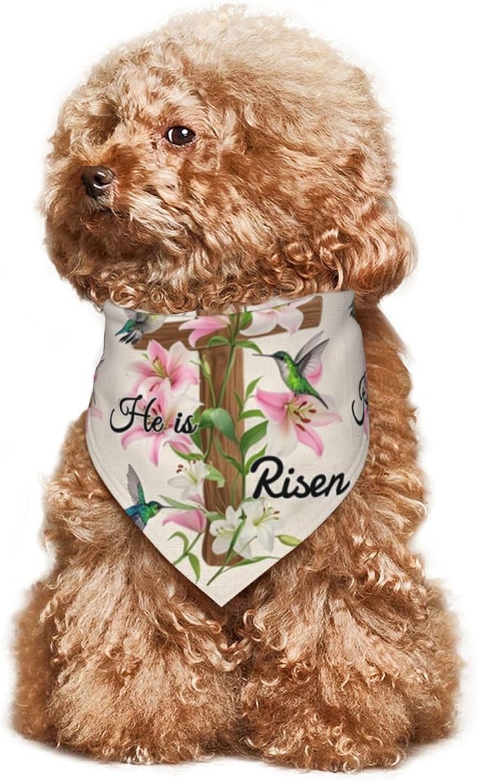 Easter Sunday Religious Cross Christian He is Risen Flower Pet Triangle Scarf for Dogs & Cats, Polyester Decorative Scarf, Adjustable Cute Pet Bandana for Daily Wear & Photo Shoots