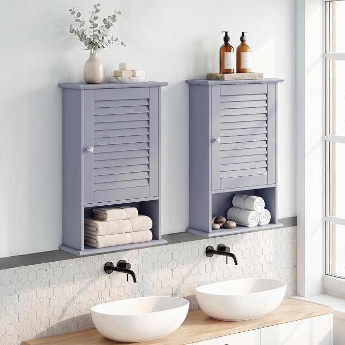 Tangkula Medicine Cabinet, Wall Mounted Bathroom Cabinet Single Door Wooden Bathroom Wall Cabinet with Adjustable Shelf (Grey)
