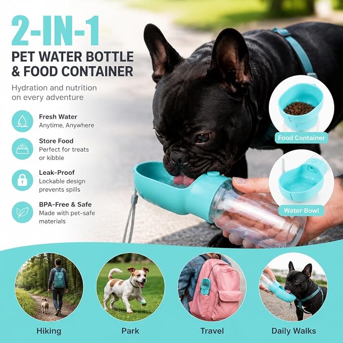 2-in-1 Dog Cat Portable Water & Food Travel Dispenser Bottle (Blue) | 2-in-1 travel pet cup with 500ml water & 180ml food storage, leak-proof portable feeder for dog cat walking hiking trips