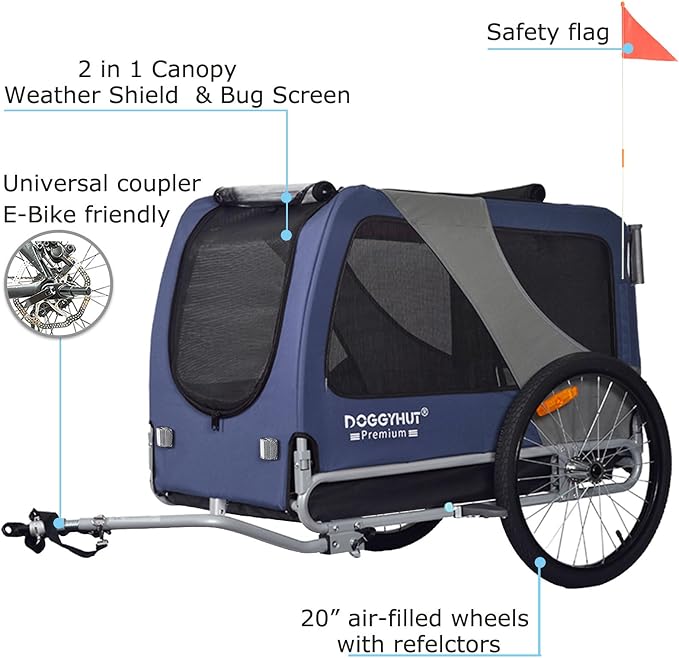 DOGGYHUT® Premium X Large Pet Bike Trailer & Stroller Up to 100 lbs (Blue) | Bicycle Trailer for Small Medium or Large Dogs, Dog Bicycle Carrier, Low Center of Gravity, Folding Frame Cart