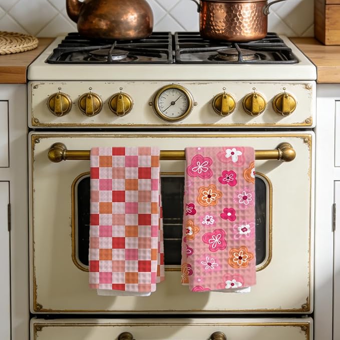 2PCS Abstract Flower Gingham Kitchen Towels 14x24 Inch, Absorbent Microfiber Decorative Dish Cloth Tea Towel, Floral Waffle Hand Towels for Kitchen Home Bathroom, Housewarming Gifts for Women