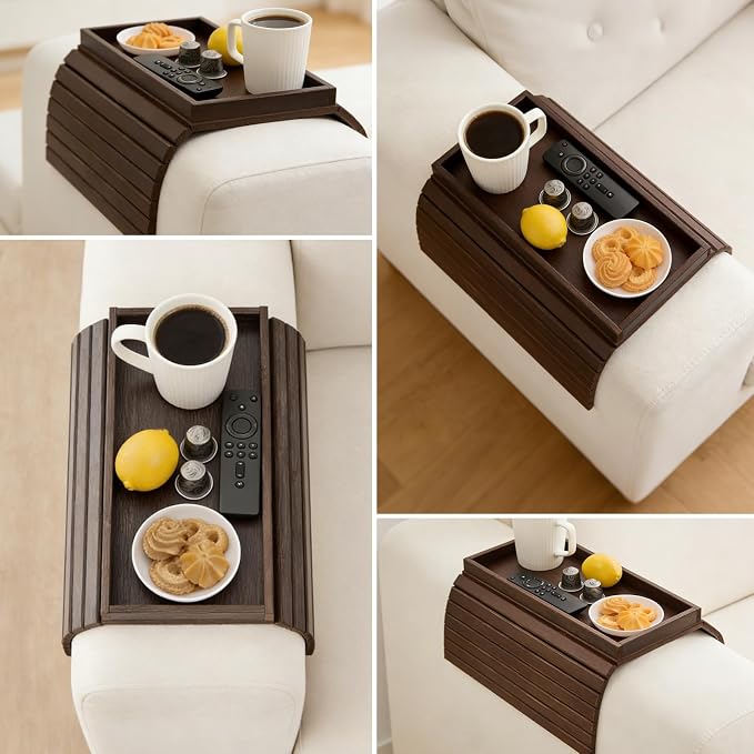 Bamboo Sofa Arm Tray Table, Foldable Couch Arm Tray Side Table, Anti-Falling Armrest Tables Cup Holder for Snacks, Couch Armrest Organizer, Serving Tray for Snacks and Drinks (Brown)