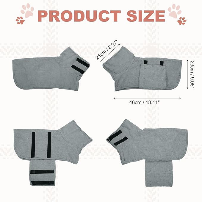 Dog Drying Coat, Dog Robes for After Bath Bathrobe Super Absorbent Towel Soft Adjustable, (XS, Gray), Intended for Fast Drying Warm Keeping Pet Cats Kitten Puppies