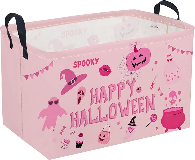 Sanjiaofeng Rectangular Pink Halloween Ghost Storage Basket,Waterproof Foldable Storage Baskets,Trick or Treat Halloween Basket,Halloweens‌ Party Candy Gift Baskets(Pink Ghost)