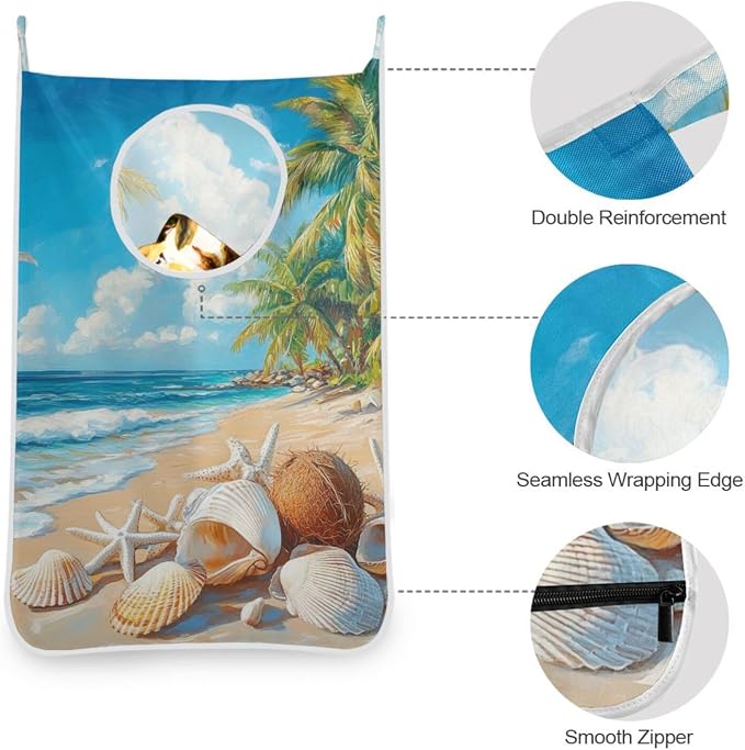 2PCS Hanging Laundry Hamper Bag Over the Door Laundry Hamper Wall Hamper Large Dirty Clothes Hamper with Stainless Steel Hooks 29.5x20Inch Shells White Beach Blue