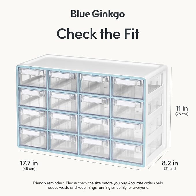 Blue Ginkgo 16-Drawer Storage Cabinet Organizer, Blue, Made in Korea | Stackable. Adjustable. Easy Visibility.