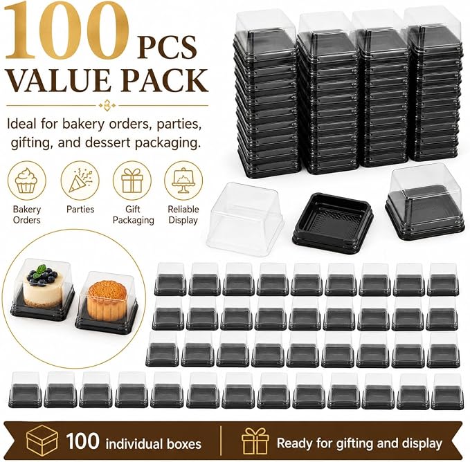 DOITOOL 100 Pcs Mooncake Box 2.75 Inch Clear Individual Cupcake Containers | Square, plastic mooncake packaging, mini cupcake box with lids for flan, macaron, muffin, dessert, cookies, small treats