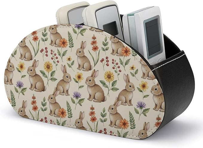 Desk Remote Control Holder Organizer Cute Rabbit Bunnypattern 5 Compartment | Remote Caddy Box, Cute Rabbit Bunnypattern, Pu Leather, Fit Media Player, Maleup Brush, Office Supplies Accessory
