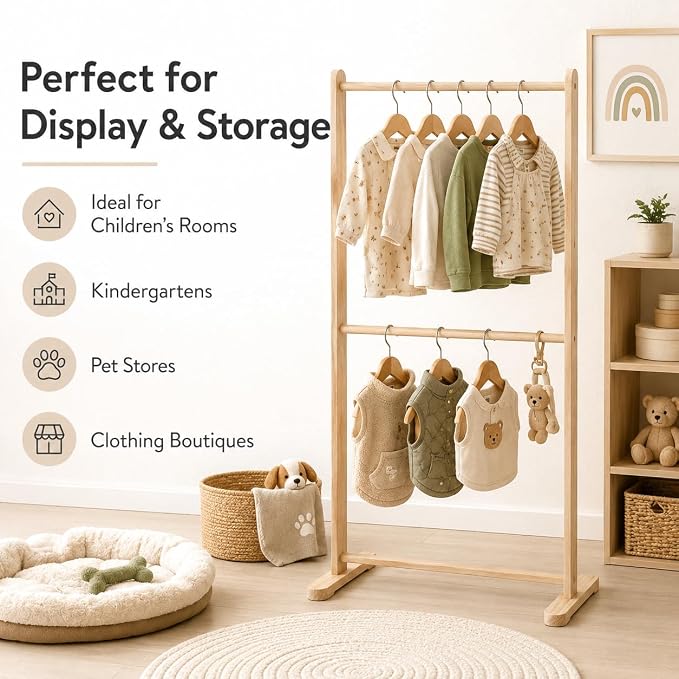 Wood Pet Clothing Display Stand, 2 Tiers Dog Closet Garment Rack Pets' Clothes Rail Holder Rack for Pet Apparel & Accessories