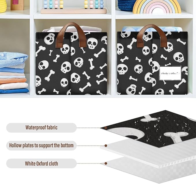 Black and White Skulls and Bones Storage Basket Foldable Cube Storage Bins with Handles&Label Waterproof Collapsible Organizer Box Bin Large Rectangle Decorative Baskets for Shelves Home Room Laundry