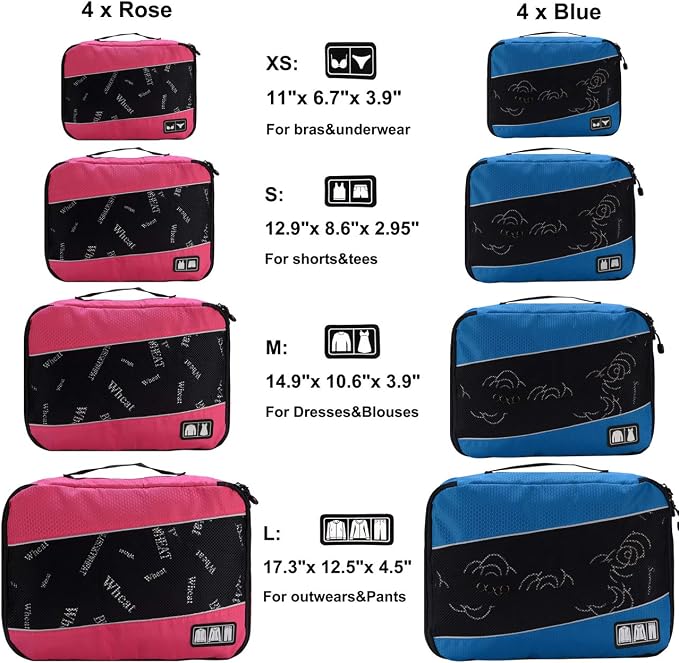 Packing Cubes large Luggage Organizers Bags For Travel Organizing Clothes | Mixed Color 8 Set Suitable family or two-person trips; breathable mesh make easy to sort; durable and convenient to store