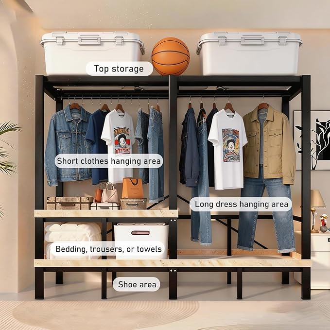 Heavy Duty Clothes Rack with Cover & Magnetic Doors, 1500lb Portable Wardrobe Closet - Foldable Garment Rack for Bedroom, Large Storage for Hanginng Dresses Jackets (Brown, 70.8IN)