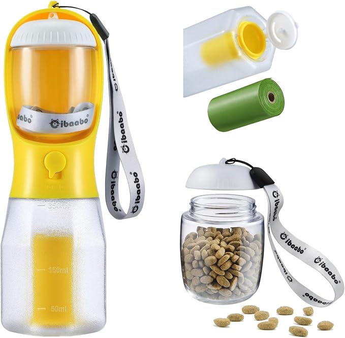 Cibaabo Dog Water Bottle with Food Container & Poop Bag Holder & Filter | Feeding & Hydration & Waste All in One | Travel Puppy Water Bowl | Portable Pet Dispenser | Dog Gifts | for Walking Beach