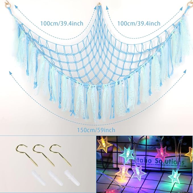 Stuffed Animal Hammock with LED Lights - 59 Inch Large Toy Storage Net for Kids Bedroom, Wall-Mounted Plush Organizer with Wooden Rings, Nursery Decor (Handwoven, Blue)