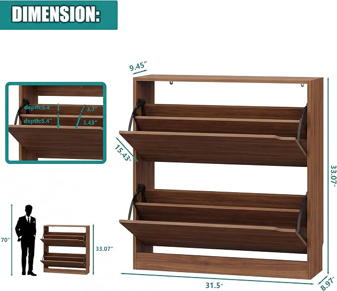 Xixini Shoe Storage Cabinet for Entryway with 2 Flip Drawers, Wood Freestanding Hidden Shoe Storage, Narrow Slim Sturdy Shoe Organizer for Front Door Entrance, Living Room, Hallway, Bedroom, Walnut