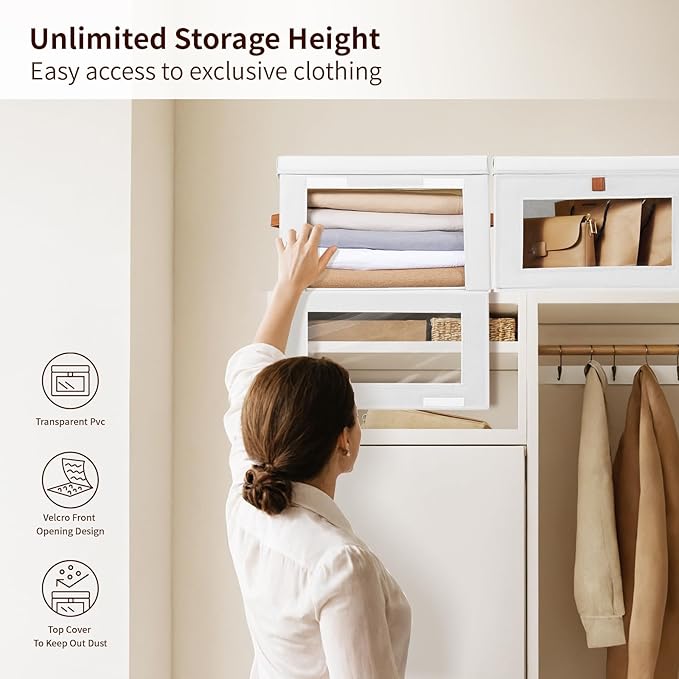 Large Clothing Storage Bins - Collapsible Boxes with Handles & Window, Decorative Organizer Bins with Lids, Fabric Containers for Living Room, Dorm, 6 Pack, White