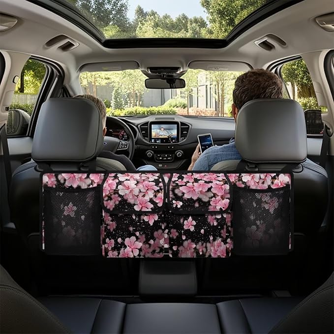 Dreaweet Pink Cherry Blossom Trunk Organizer for Car Women Collapsible Trunk Hanging Organizer Backseat Bag Car Storage Accessories Interior with 2 Pockets & 2 Mesh Pouches for Groceries