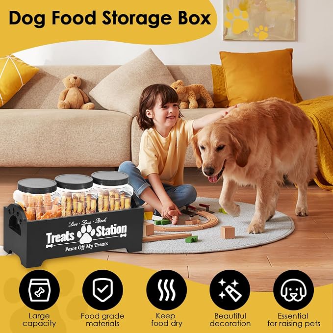 Dog Treat Container, Dog Food Storage Container with 3 Plastic Treat Jars, Wood Countertop Dog Treat Holder, Reusable Dog Treat Storage Organizer, Pet Food Container for Dogs Cats (black)