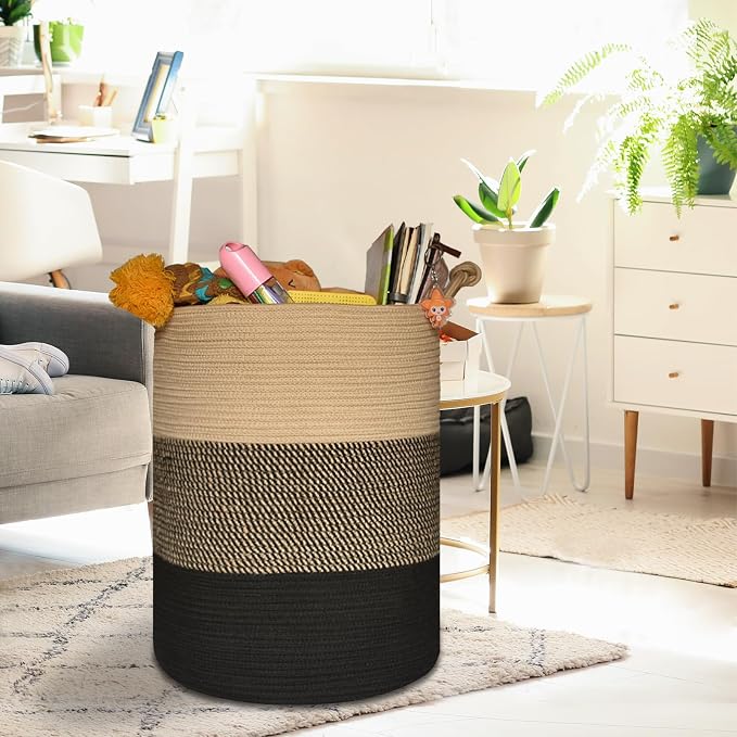 COMSE Tall Woven Blanket & Laundry Basket, 72L, Brown & Black | 15.7”x 21.7”, Cotton Rope, Large Nursery Hamper for Storage of Toys Clothes Towels, Great for Living Rooms Bedrooms Bathrooms