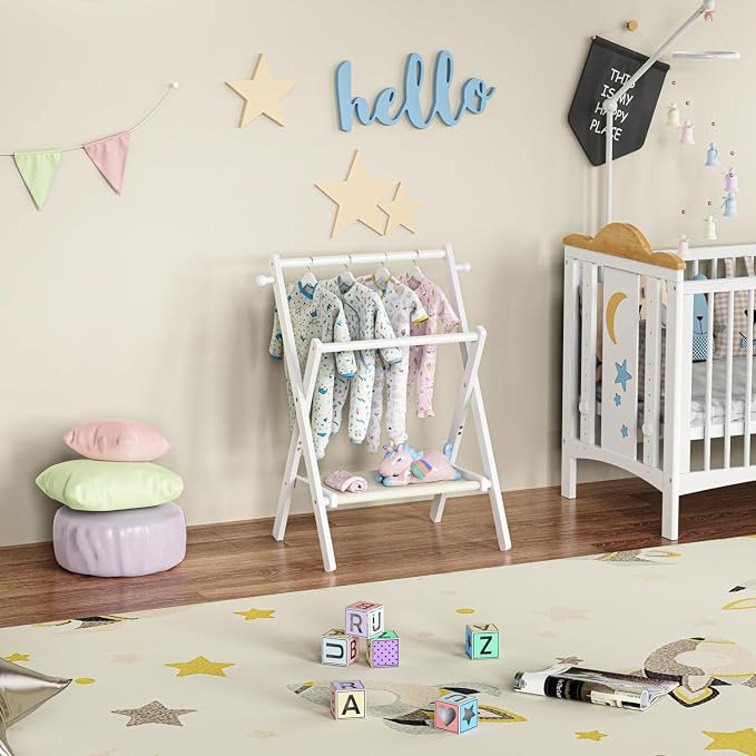 BAMBOOHOMIE Baby Clothing Rack for Baby Shower Pets Dolls, Baby Clothes Rack with Storage Shelf & Double Rods, Toddler Clothes Rack, Mini Closet Baby Shower Rack (White)