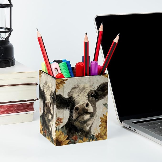 Retro Cow Pen Holder for Desk Decor, Rectangular PVC Leather Pencil Cup for Desk Pen Organizer, Makeup Brush Holder for School, Home, Office