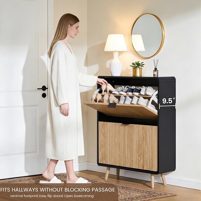 FurSch Fluted Shoe Storage Cabinet with 2 Flip Drawers, Narrow Shoe Rack Cabinet Organizer with Adjustable & Removable Shelves for Entryway (Natural and Black, 2 Drawers)