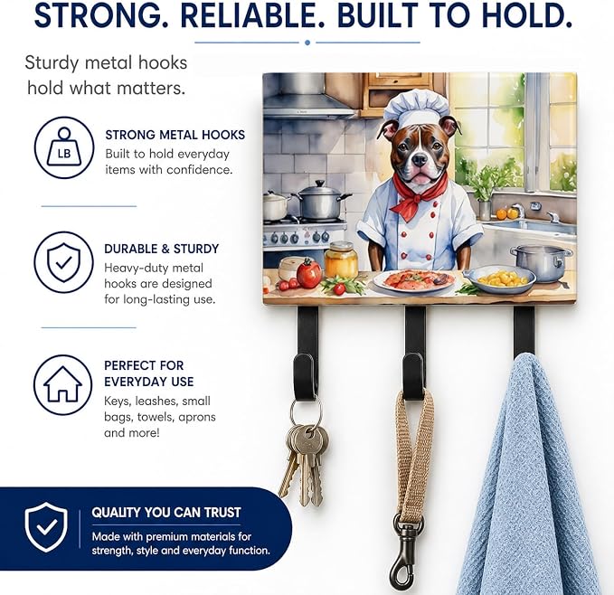 Caroline's Treasures Staffordshire Bull Terrier The Chef Leash or Key Holder Wall Hooks, Key Hooks Holder, Coat Rack Wall Mount, Coat Hooks, Hooks for Hanging Keys, Towels, Aprons, Leashes | Staffordshire Bull Terrier The Chef artwork on ceramic tile w...