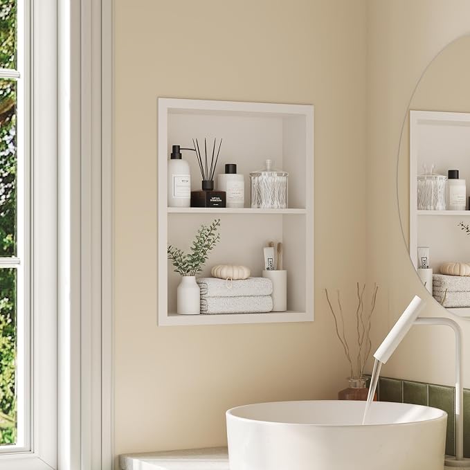 Qeke 14x 18 Medicine Cabinet Recessed with Double Shelves, Matte White | 304 Stainless Steel Medicine Cabinet without Mirror, No Tile Needed Wall Niche for Bathroom Storage, Space Saving & Durable