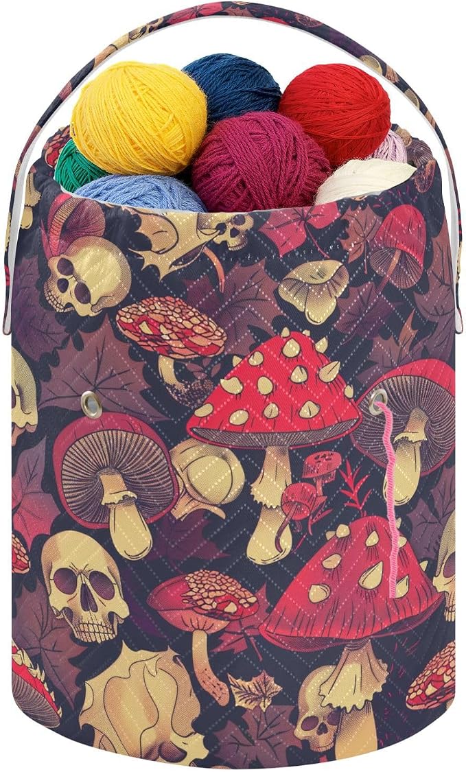 Fustylead Red Amanita Mushrooms Fall Leaves and Skulls Crochet Drawstring Organizer, Large Yarn Bag Storage Tote Basket for Crocheting On The Go, Kit Holder, Gift for Knitter, Crochet Beginner