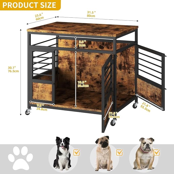 DWVO 32 Inch Dog Crate Furniture Corner End Table with Wheels | Dog Kennel Indoor Furniture for Small Dogs, Modern Decorative Wooden Dogs Cage, Chew-Resistant, Rustic Brown