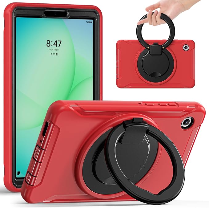 Heavy Duty Shockproof Case for Samsung Galaxy Tab A11 8.7 Inch 2025 (Model: SM-X133/X135/X135F) - with 360° Rotating Stand Handle, Built-in Screen Protector,Kid-Friendly Protective Cover (Red)