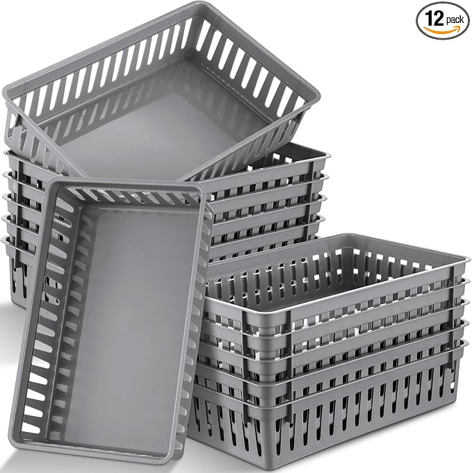 Wenqik Set of 12 Small Plastic Baskets for Organizing, Grey