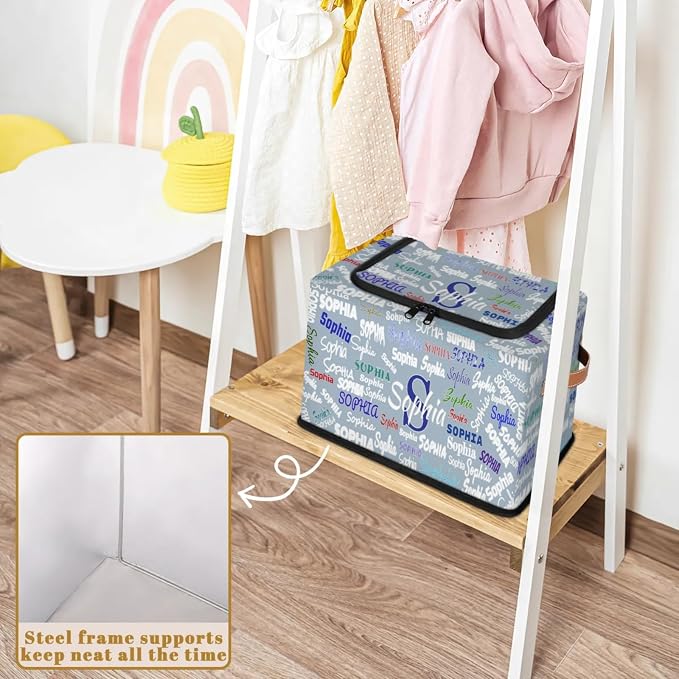 Personalized Storage Bins with Zipper Lid, Grey Blue Customized Name Storage Basket Rectangle Clothes Organizer for Organizing Kids Boys Men and Pets Toys Shelf Closet