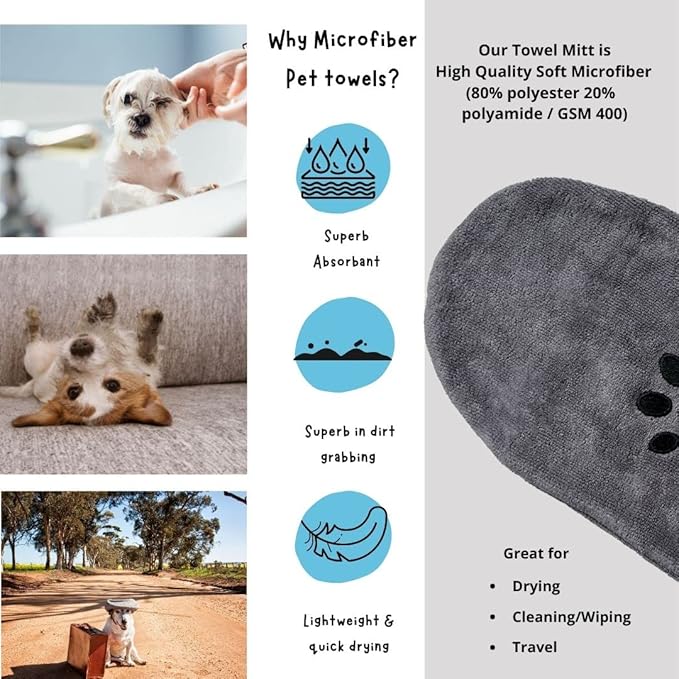 Penny & Niko Microfiber Pet Towel Mitts - Paw Cleaning and Drying Mitts/Gloves for Dogs and Cats (Gray, Standard - 4 Pack)
