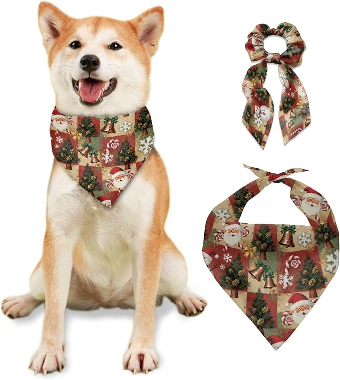 COEQINE Dog Mom Bandanas Tree Bell Santa Plaid Bandana for Pet with Hair Tie Storage Set 2 Pcs Pet and Owner Matching Outfits for Holiday Christmas Birthday Decor