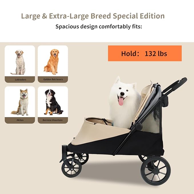 Dog Stroller for Medium/Large Dogs One-Click Folding 4 Wheel Pet Foldable Dog Stroller for 2 Dogs Jogger with Storage Pocket Suitable for Pets Up to 110LBS