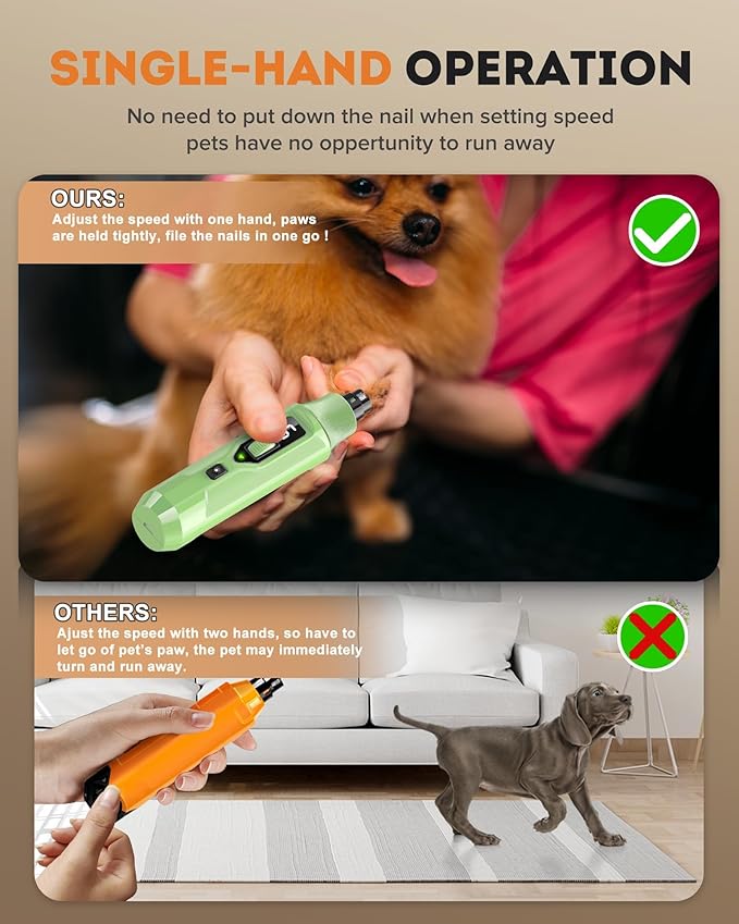 YABIFE 7-Speed Dog Nail Grinder with LED Light – Ultra Quiet Electric Pet Nail Trimmer for Large Dogs & Cats – Professional Grooming Tool with Dust Collector, One-Hand Speed Control (Light Green)